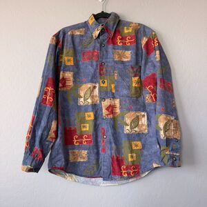 Territory Ahead Small‎ Blue Multicolor Patchwork Long Sleeve Button Down Shirt
